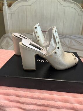 DKNYC Cream Leather Studded Block Heel Mules